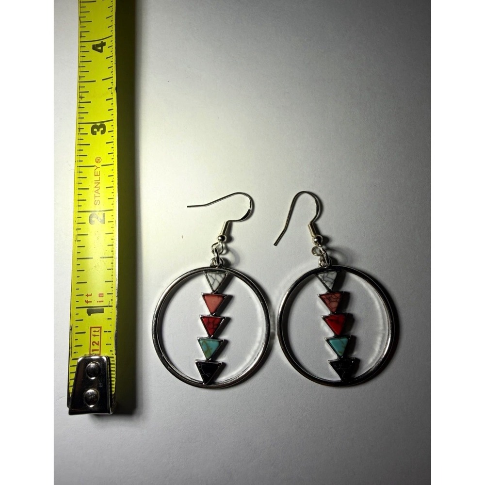 925 Sterling Silver Southwestern Inlay Triangle Hoop Drop Earrings Multi Color